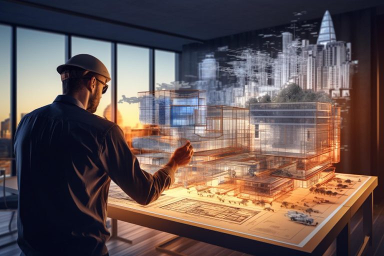 3D rendering of an architectural design concept featuring a cityscape with skyscrapers, related to project management software.